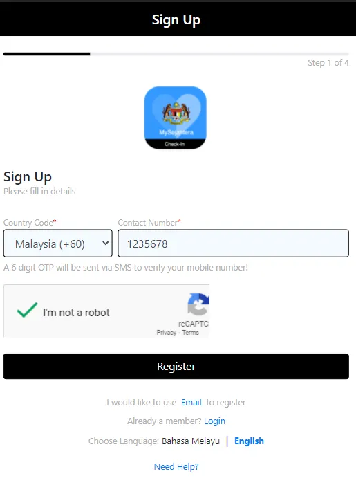 Register Page for MySejahtera Check-In